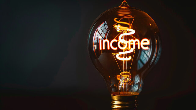 A glowing light bulb with the title income on a dark background, the concept of a profitable financial idea