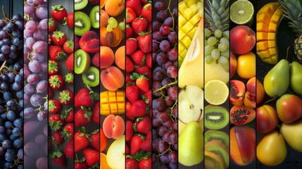 Colorful and appetizing collage featuring various fresh fruits on lively and vibrant background