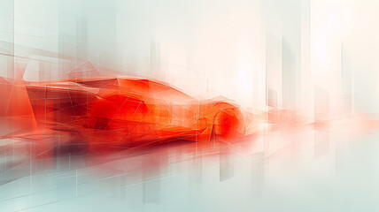 Red car moving fast, abstract geometric style postcard background