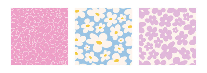 2000s flowers. Set of seamless patterns with abstract colors in delicate pastel shades. y2k background