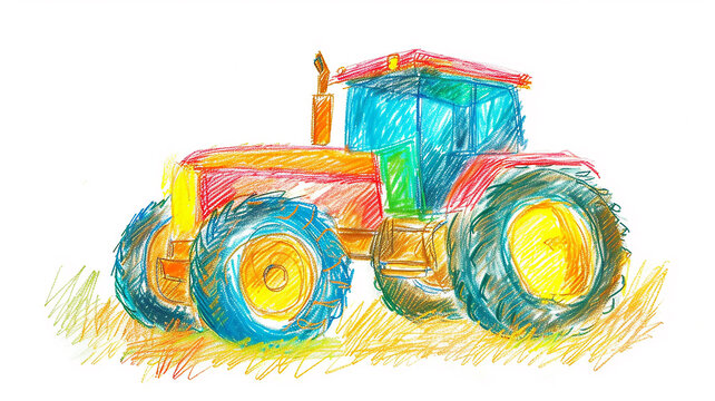 Multi-colored children's drawing of a tractor with colored pencils and crayons, background stretch postcard