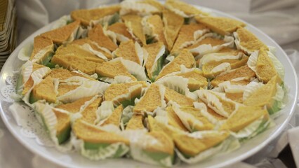 Sikaporo cake, a traditional Bugis cake made from rice flour, coconut milk, eggs, and sugar. Often served at traditional events such as weddings.