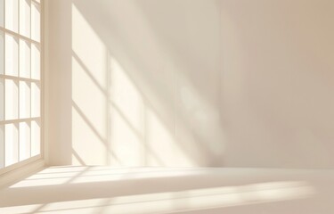 Light smooth beige background with soft shadows and sunlight, minimalist style studio room background, soft shadow from the window on the wall, abstract shadow effect in window style