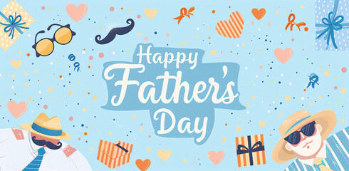 Father's Day celebration background adorned with a gift box mug calendar mustache heart shape