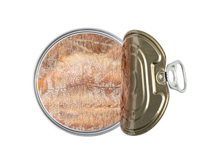 Canned Tuna Isolated, Albacore Fish Chunks in Open Tin Can, Tuna Oil Preserve, Seafood Conserve