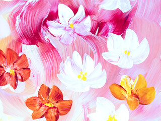 Abstract  flowers, original hand drawn, impressionism style, color texture, brush strokes of paint, art background.