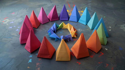 Origami folded rainbow colored paper into pyramid