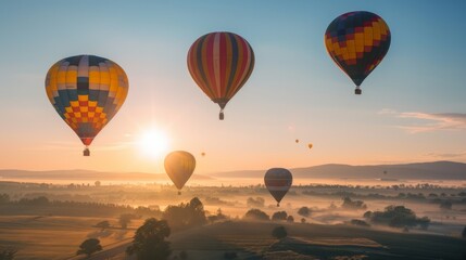 A convoy of colorful hot air balloons rising into the sky at dawn,with the silhouette of distant mountains on the horizon