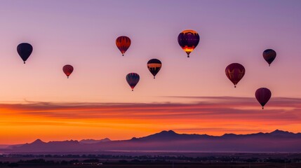 A convoy of colorful hot air balloons rising into the sky at dawn,with the silhouette of distant mountains on the horizon
