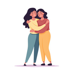Obraz premium Happy girls hugging each other. Female friendship. Cuddle as a manifestation of feelings of love. Women embrace, Cartoon flat illustration