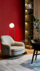 A red wall with a white chair and a lamp