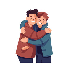 Happy boys hugging each other. Male friendship. Cuddle as a manifestation of feelings of love. Men embrace. Buddy relationship illustration. Cartoon