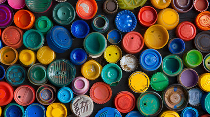 Overhead view of colorful bottle caps