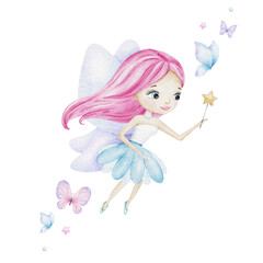 Cute little fairy with a magic wand and light blue wings. Isolated watercolor illustration. For kid's goods, clothes, postcards, baby shower and children's room