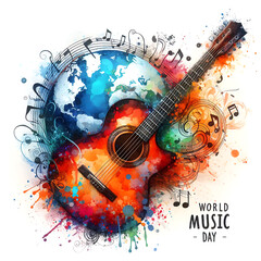 Abstract Watercolor splash a digital painting of a guitar World Music Day with vector illustration