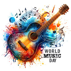 Abstract Watercolor splash a digital painting of a guitar World Music Day with vector illustration