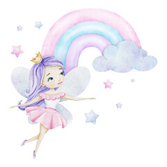 Cute little fairy with light blue wings, stars and rainbow. Isolated hand drawn watercolor illustration. Design for kid's goods, clothes, postcards, baby shower and children's room