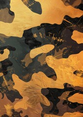 Abstract camouflage pattern in orange and gold tones.