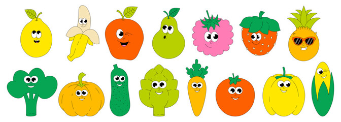 Summer Vegetables and Fruits. Retro groovy sticker and patch. Comic characters. Vector illustration.