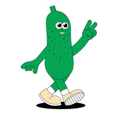 Summer Vegetable Cucumber. Retro groovy character patch. Trendy sticker with funky comic mascot. Vector illustration 60s, 70s style.