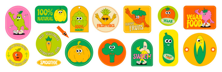 Funny Vegetables and Fruits. Retro groovy stickers and patch. Comic characters, slogan and quotes. Summer vector illustration