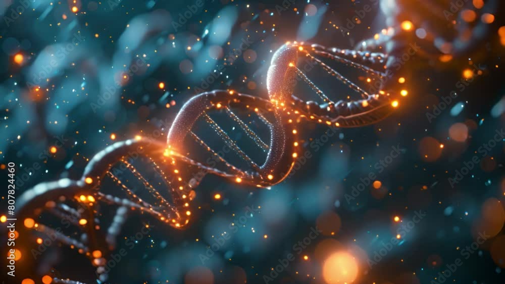 Poster close-up view of a 3d-rendered dna helix with glowing nodes on a blue backdrop.
