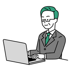 ノートパソコンで仕事をする年配のスーツの男性