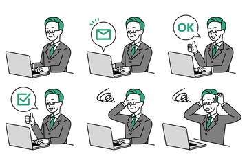 ノートパソコンで仕事をする年配のスーツの男性　セット