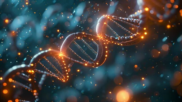 Close-up view of a 3D-rendered DNA helix with glowing nodes on a blue backdrop.