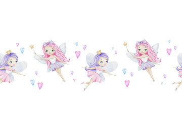 Cute little fairies with magic wand and hearts. Watercolor seamless border for children's goods, clothes, postcards, baby shower and nursery, fabric