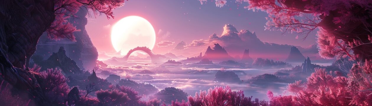 A fantasy landscape is shown with a pink magical forest and a stone arch, inviting viewers into a magical realm 8K , high-resolution, ultra HD,up32K HD