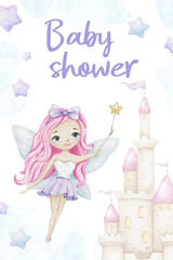 Little fairy with a magic wand, fairy tale castle and stars. Cute baby shower watercolor invitation card. New born celebration. Template of newborn's party invitation.