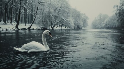 Elegant black and white swan majestically gliding on chilly winter river in scenic nature setting