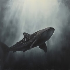 Enigmatic Whale Shark rises under white sky, blending modern realism with ancient mysticism. Elephant-style raw, stylized image.