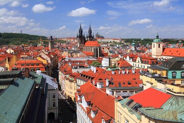 Prague cityscape on a sunny weather day. Landmarks of Czech Republic.