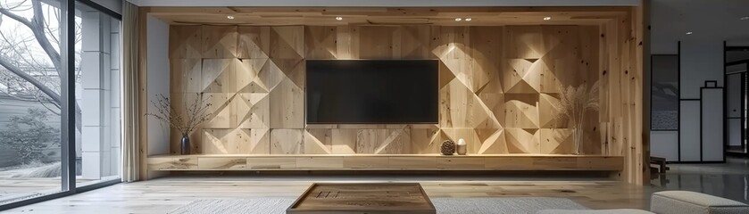 A wooden wall designed with a geometric pattern, adding depth and texture to the space 8K , high-resolution, ultra HD,up32K HD