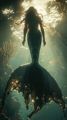 Majestic Coralfin Mermaid glides gracefully in hyperrealistic water scene, outlined against a pale sky, exuding an enigmatic allure.