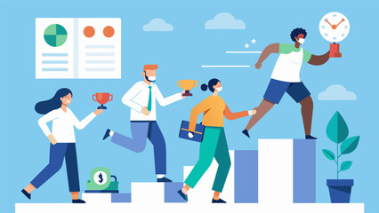 Employees at a hospital participate in a Step Challenge tracking their daily steps and competing for prizes.. Vector illustration