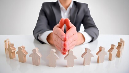 Businessperson mediating between two groups, symbolizing control and negotiation in a corporate setting.