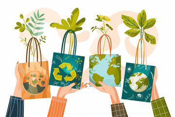 Human hands holding eco-friendly bags with images of plant planet and trees vector illustration. Concept of caring for the planet and ecology