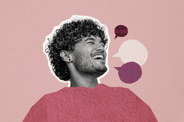 Composite photo collage of happy laughed guy text box communication bubble speak sound voice talk...