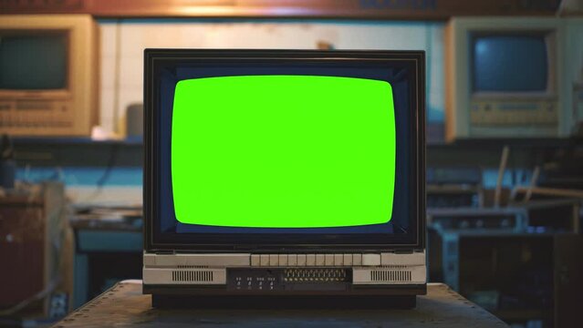 Vintage portable TV from the 1980s placed in a dimly lit room, displaying a static screen.