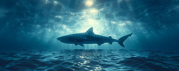 Hyperrealistic Angel Shark silhouette emerges from water beneath overexposed sky, front view blending modern and mythical elements.