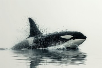 Fototapeta premium A majestic Orca breaches the water's surface against a white sky, blending modern and mythical themes in hyperrealistic detail.