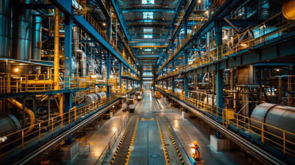 Panoramic view of a vast, well-lit modern industrial factory with machinery and workers at night.