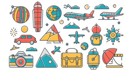 Colorful summer travel icons set. plane, car, train, bag, backpack, camera, map on white background