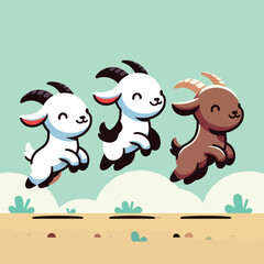 cartoon illustration of a herd of cute goats jumping for joy