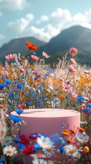 empty pink podium on background of beautiful wildflowers, for product presentation