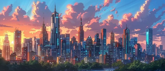 Fototapeta premium In the image, a modern city is showcased, with skyscrapers made of glass and steel reflecting the sunlight, adding to the citys vibrant atmosphere