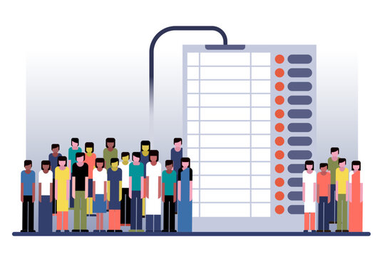 People standing along with Electronic voting machine. Concept of election in India